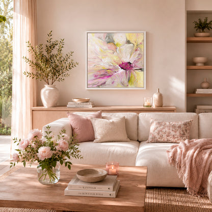 'Becoming' - A one-of-a-kind abstract flower art painting in soft pink and warm yellow — original oil on canvas in a white float frame, stunning flower wall decor for soulful contemporary interiors, by Kate Shephard Art.