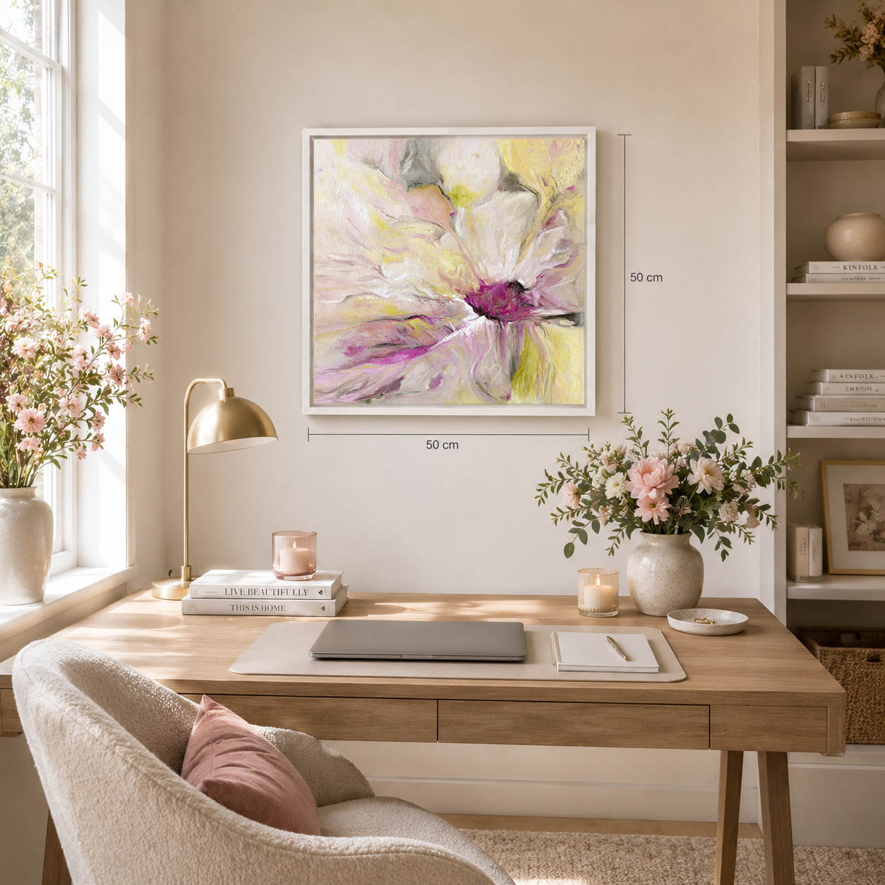 'Becoming' - Pink and yellow floral art original oil painting in soft, luminous tones — abstract flower art painting in a white wood float frame, beautiful flower wall decor ready to hang, by Kate Shephard Art.