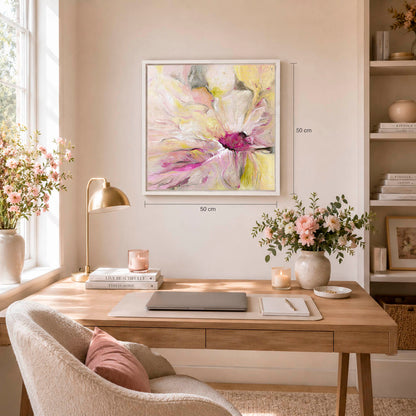 'Becoming' - Pink and yellow floral art original oil painting in soft, luminous tones — abstract flower art painting in a white wood float frame, beautiful flower wall decor ready to hang, by Kate Shephard Art.
