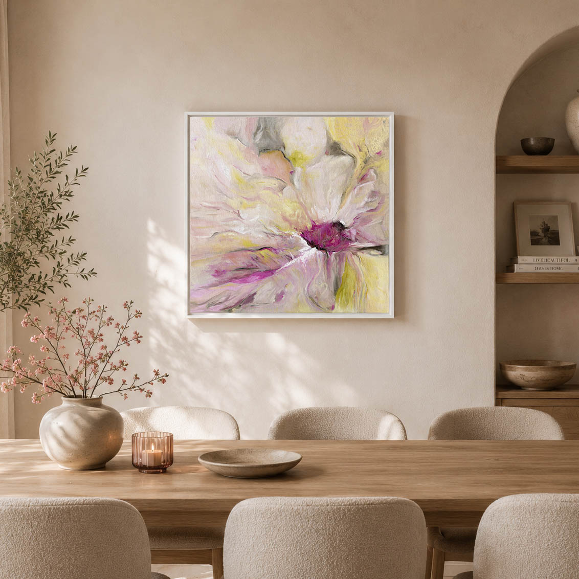 'Becoming' - Original abstract flower art painting in soft pink, warm yellow and creamy white oils — beautiful floral art and flower wall decor in a white wood float frame, by Kate Shephard Art.