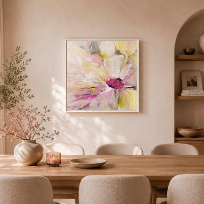 'Becoming' - Original abstract flower art painting in soft pink, warm yellow and creamy white oils — beautiful floral art and flower wall decor in a white wood float frame, by Kate Shephard Art.