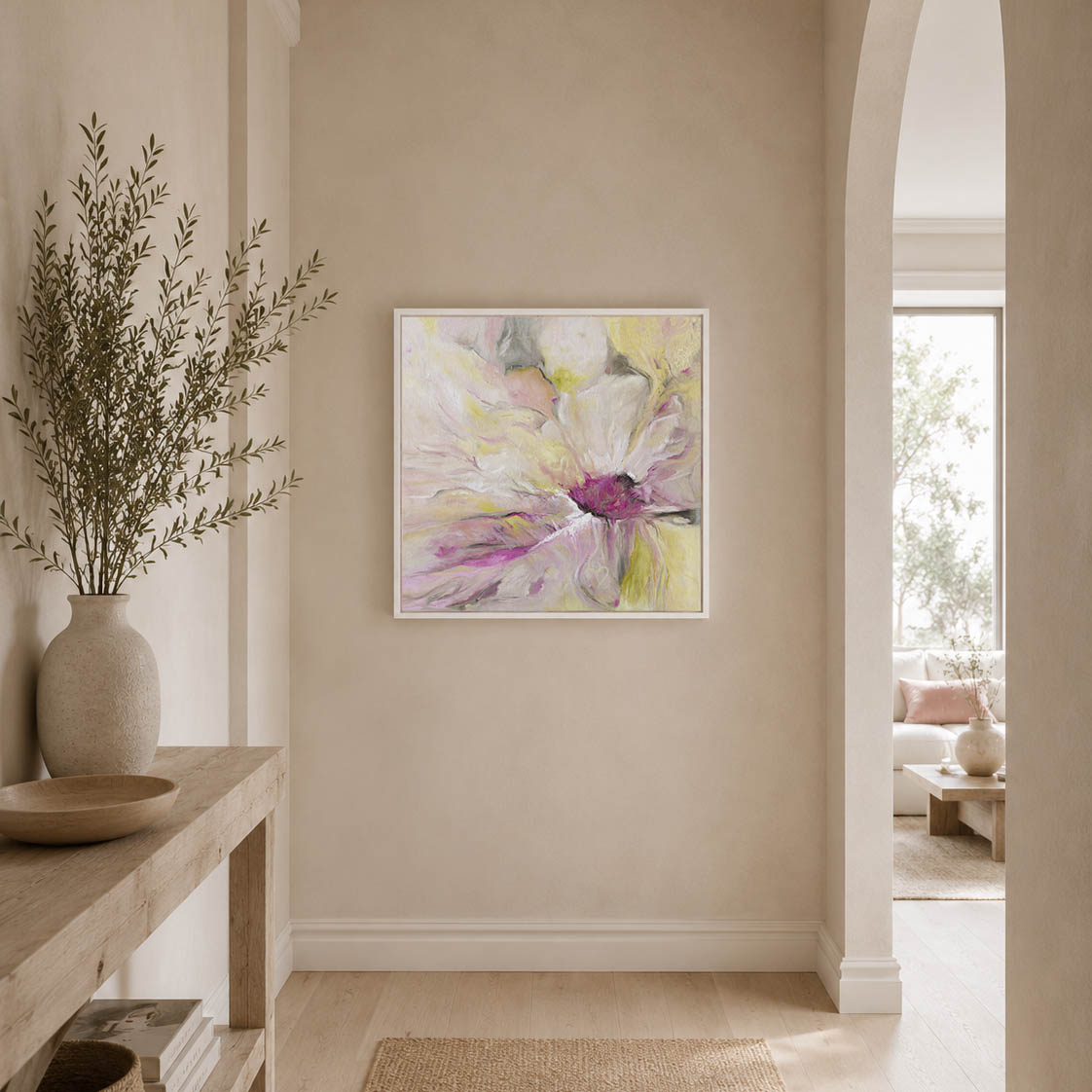 'Becoming' - Original abstract flower art painting styled in a warm neutral dining room — soft pink and yellow floral art in a white float frame, gorgeous flower wall decor, by Kate Shephard Art.