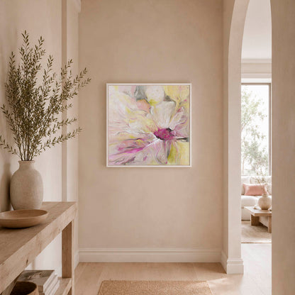 'Becoming' - Original abstract flower art painting styled in a warm neutral dining room — soft pink and yellow floral art in a white float frame, gorgeous flower wall decor, by Kate Shephard Art.
