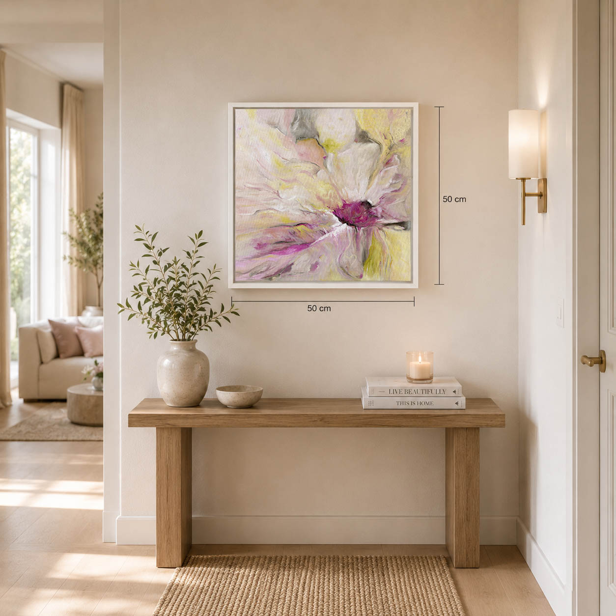 'Becoming' - Original abstract flower art painting in soft pink and warm yellow oils — one-of-a-kind floral art and flower wall decor in a white wood float frame, 54x54cm, by Kate Shephard Art.