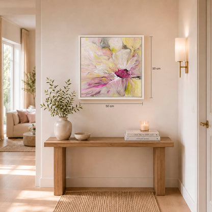 'Becoming' - Original abstract flower art painting in soft pink and warm yellow oils — one-of-a-kind floral art and flower wall decor in a white wood float frame, 54x54cm, by Kate Shephard Art.