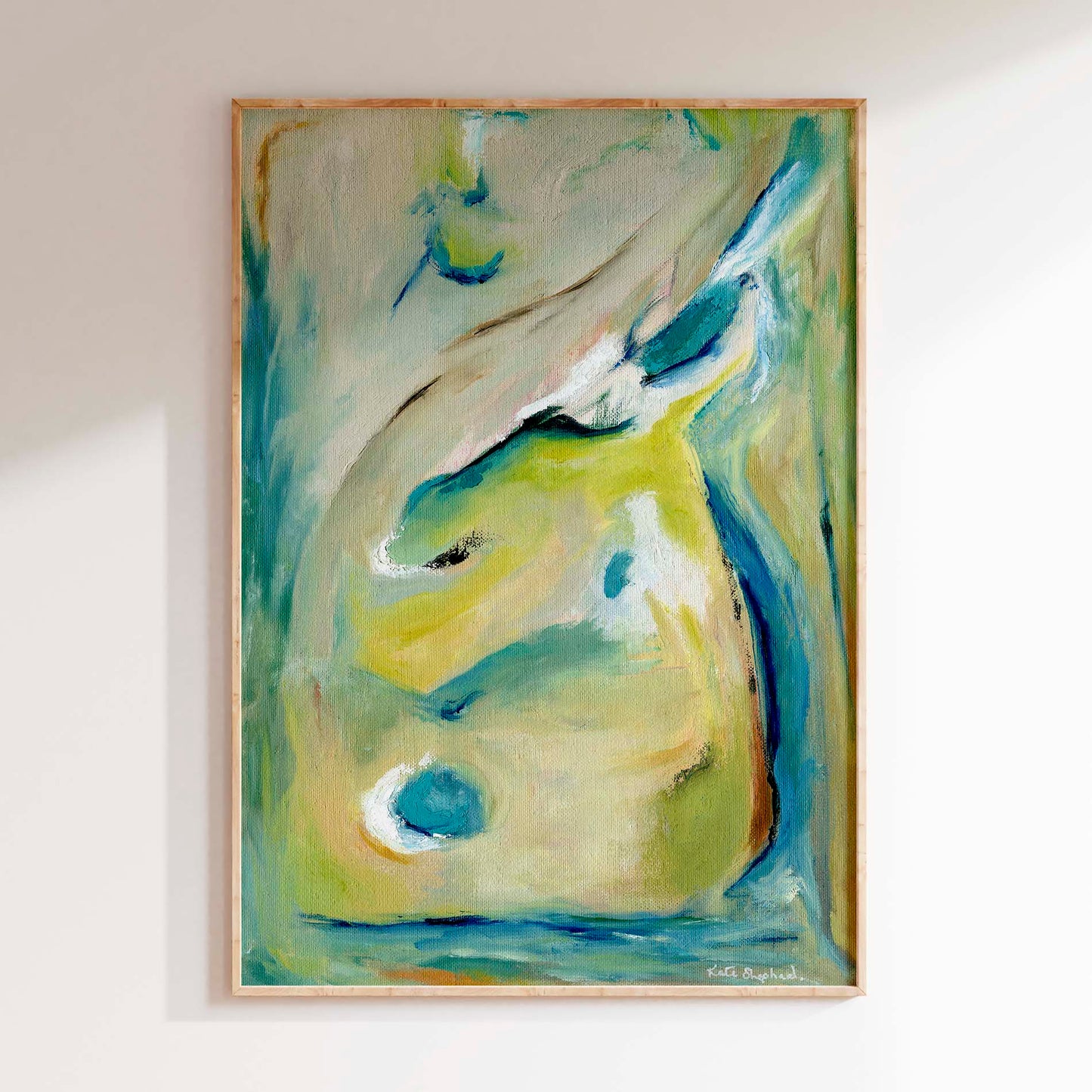 'True Colours' - Portrait wall art featuring flowing brushstrokes in teal, aqua and warm golden tones.