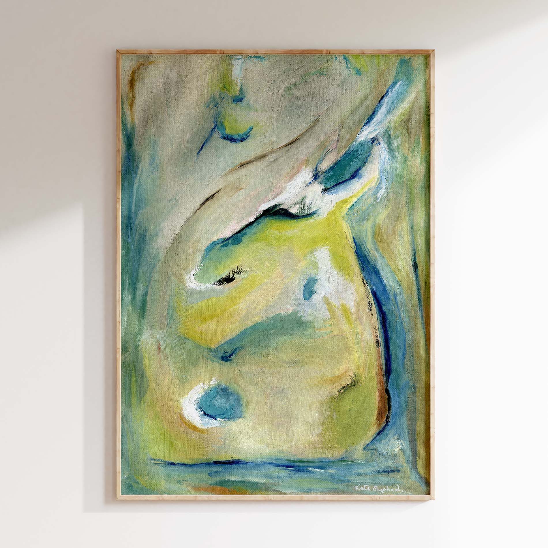 'True Colours' - Portrait wall art featuring flowing brushstrokes in teal, aqua and warm golden tones.