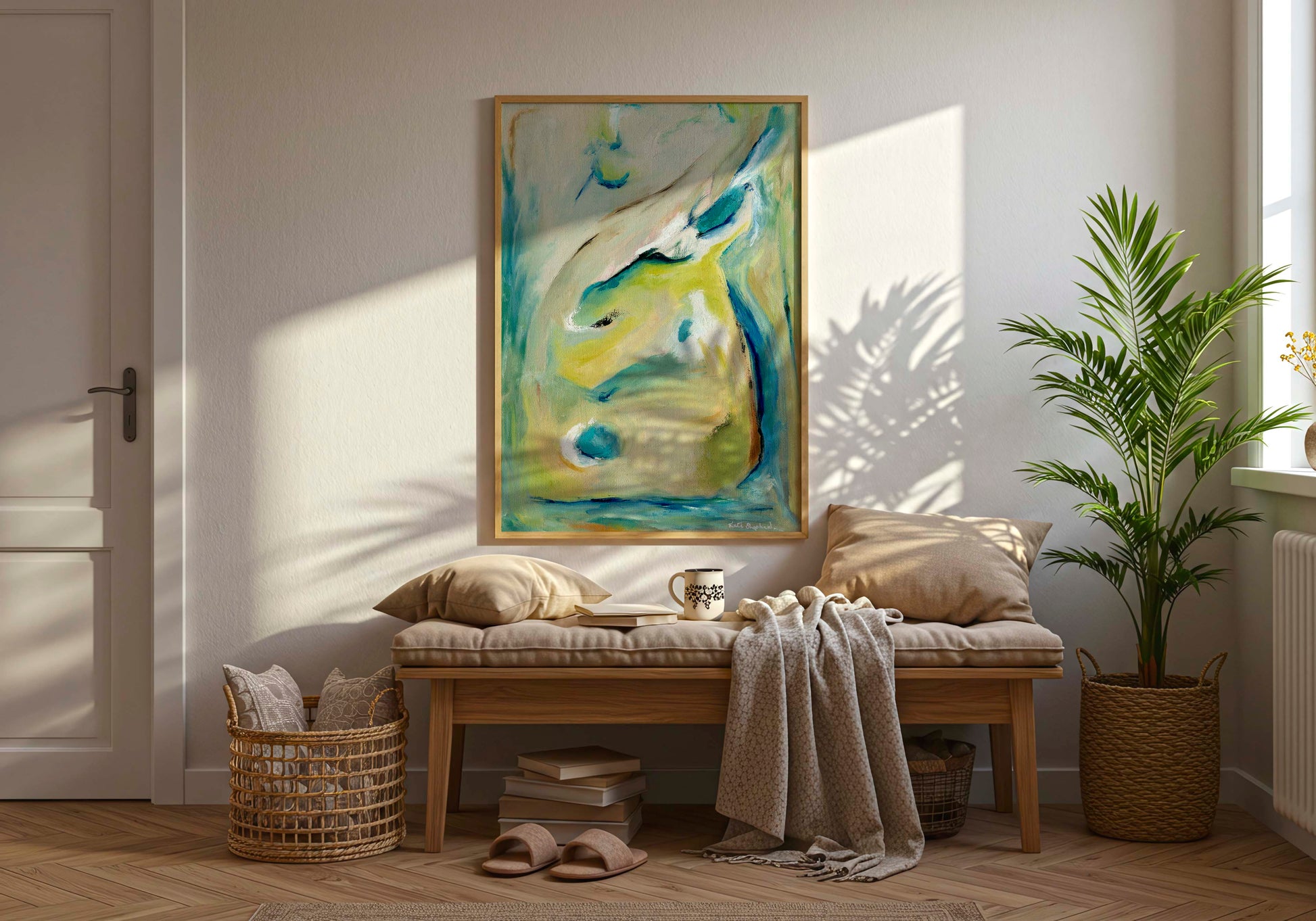 'True Colours' - Peacock inspired fine art print with flowing movement and luminous turquoise and gold tones.