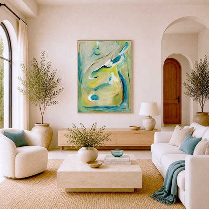 'True Colours' - Abstract Canvas Artwork Colourful Wall Art In Teal & Green with turquoise and gold bringing joyful energy and serene calm to bedroom spaces.