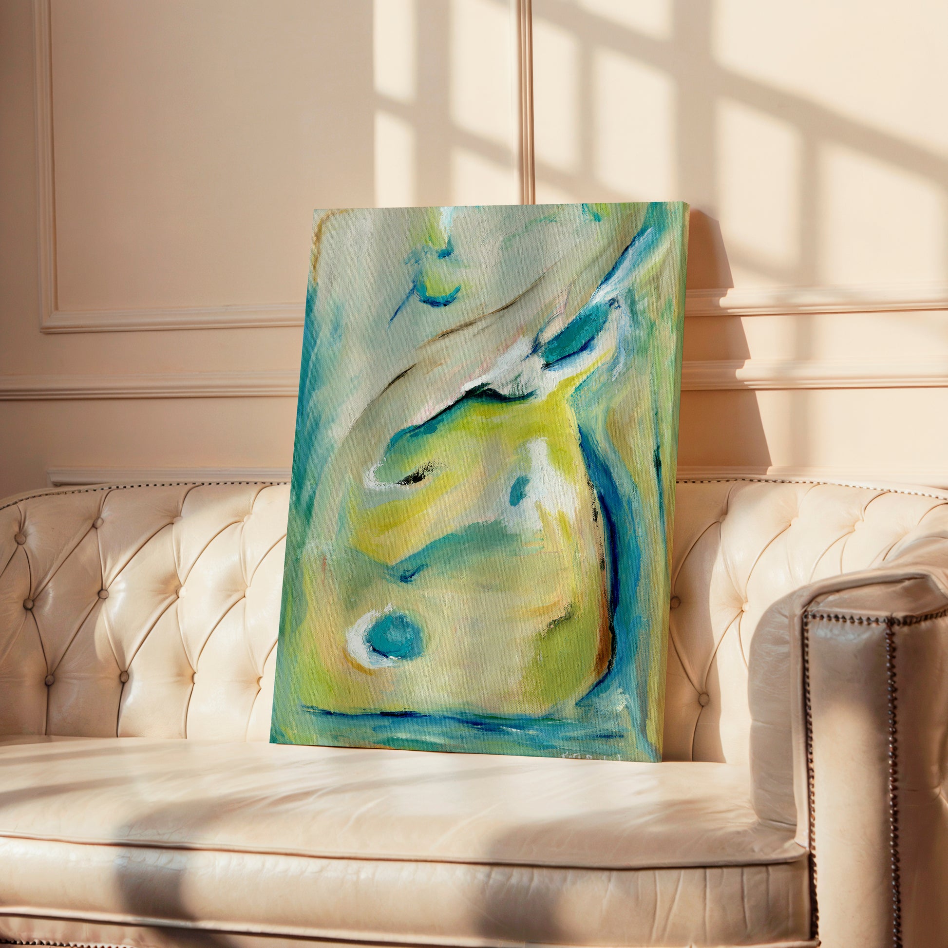 'True Colours' - Uplifting bedroom wall art with turquoise blues and golden yellows creating vibrant calm energy.