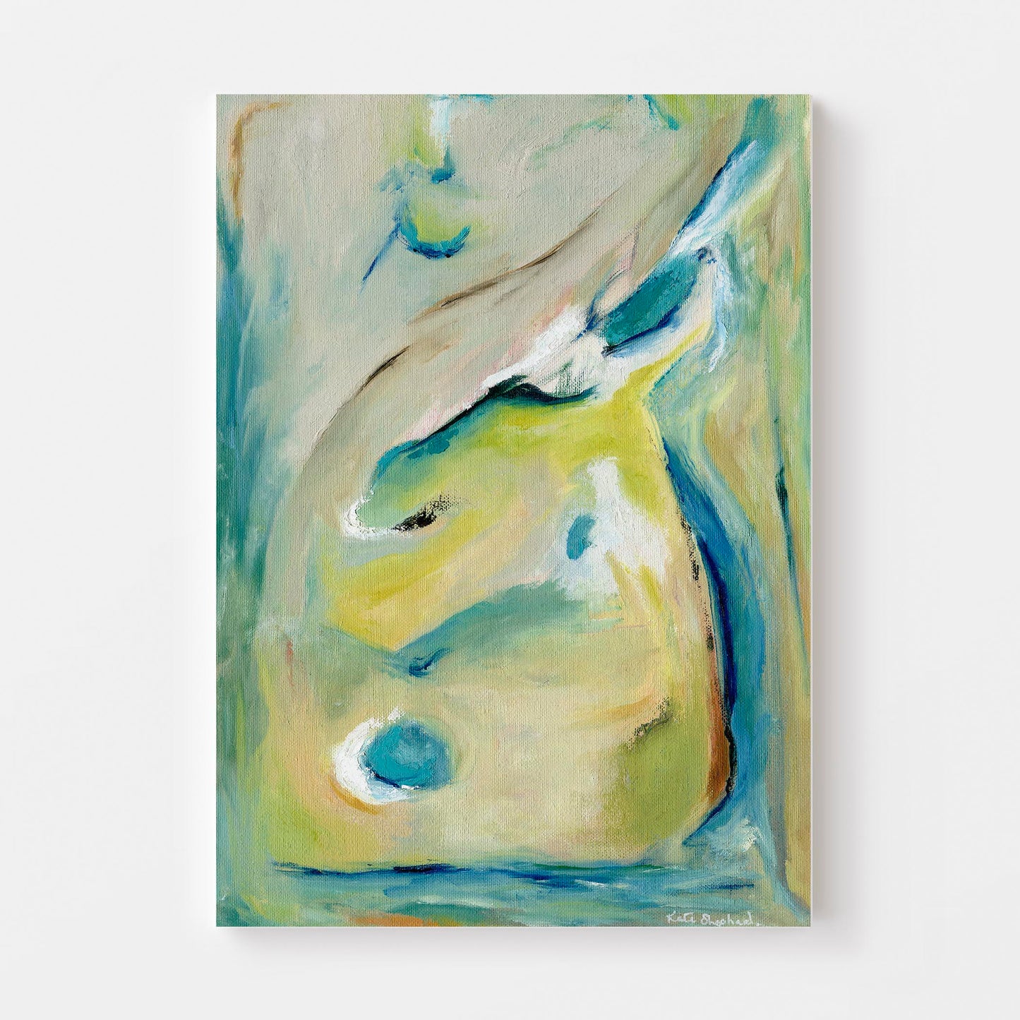 'True Colours' - Feminine expressive wall art featuring turquoise, gold and cream in flowing organic composition.