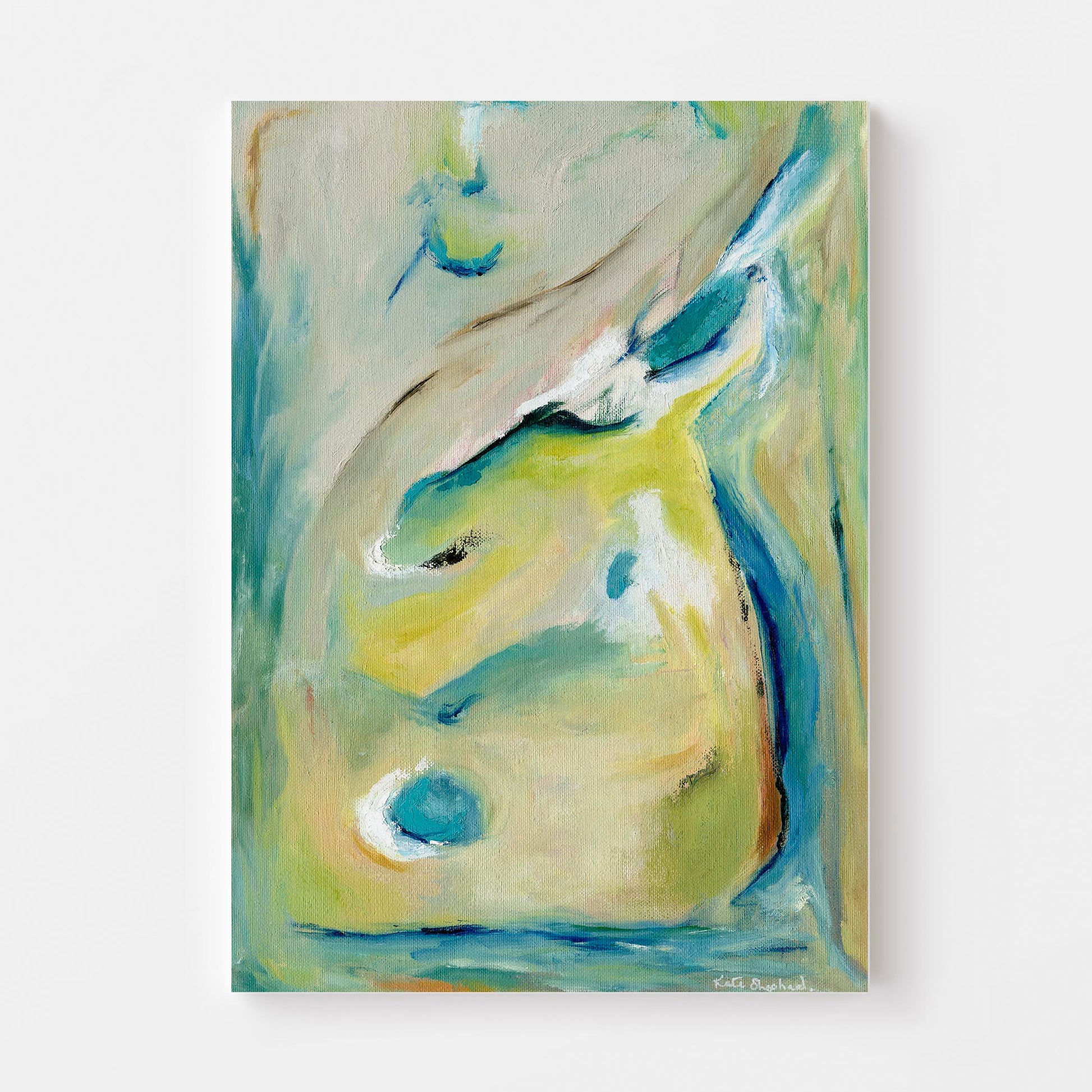 'True Colours' - Feminine expressive wall art featuring turquoise, gold and cream in flowing organic composition.