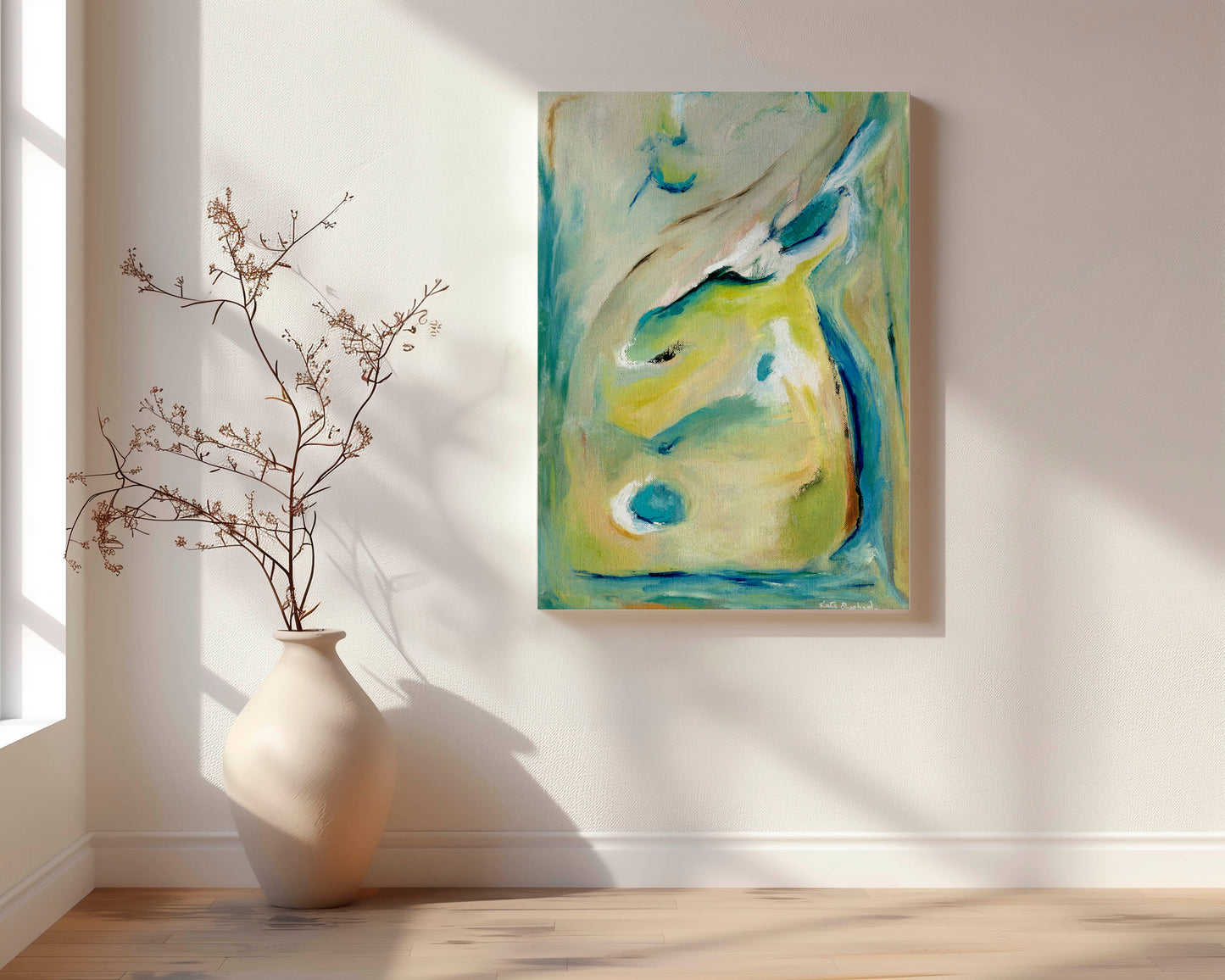 'True Colours' - Peacock inspired canvas wall art with flowing movement and luminous turquoise and gold tones.