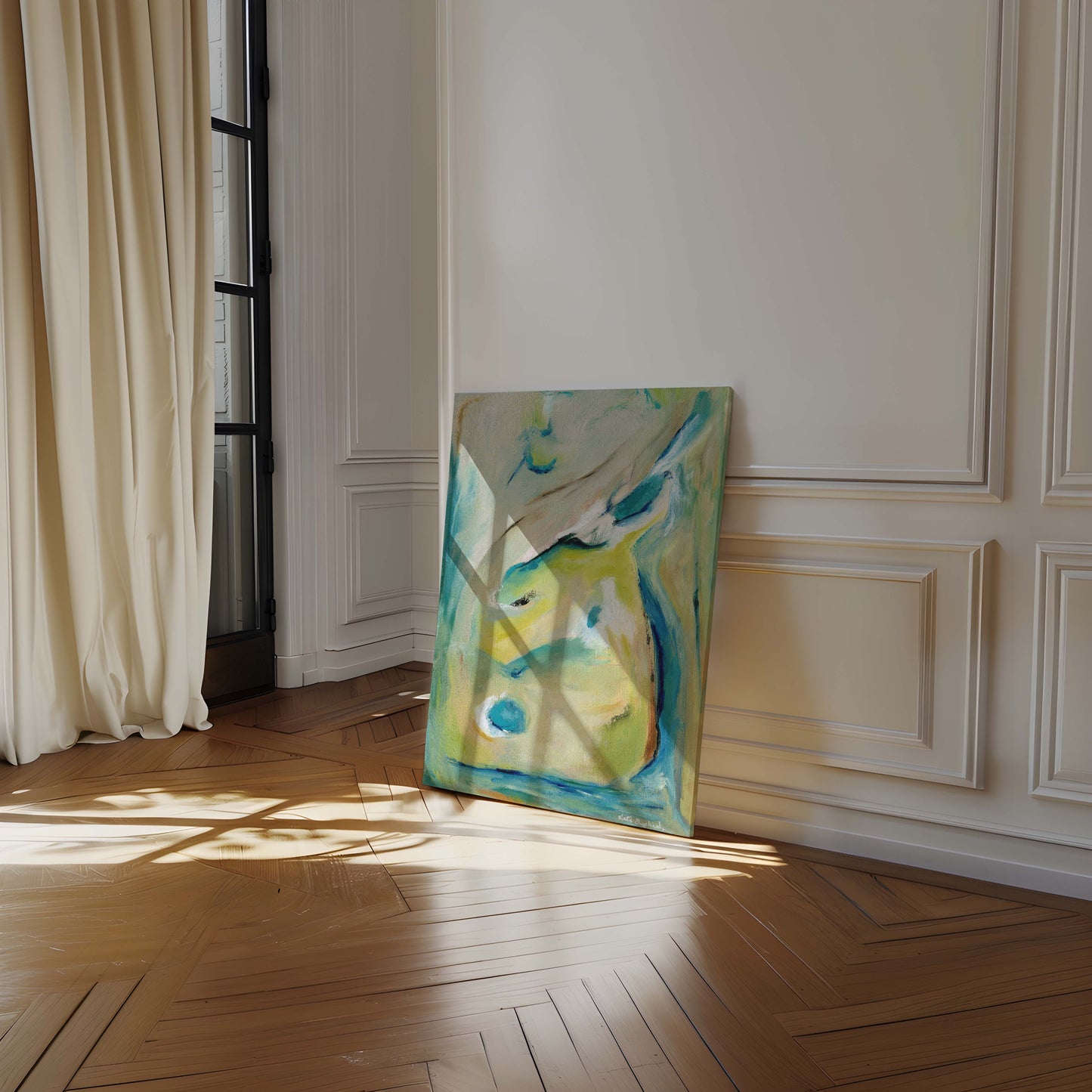 'True Colours' - Landscape canvas print with soft creams, bold turquoise and warm golden yellow hues.