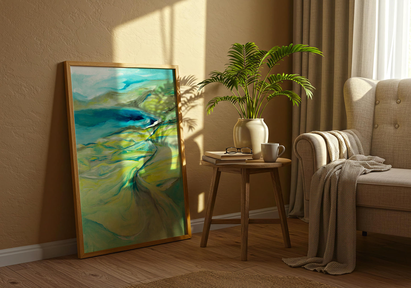 'Along the Worbarrow Path' - Vibrant calm artwork with upward flowing composition and sea views.