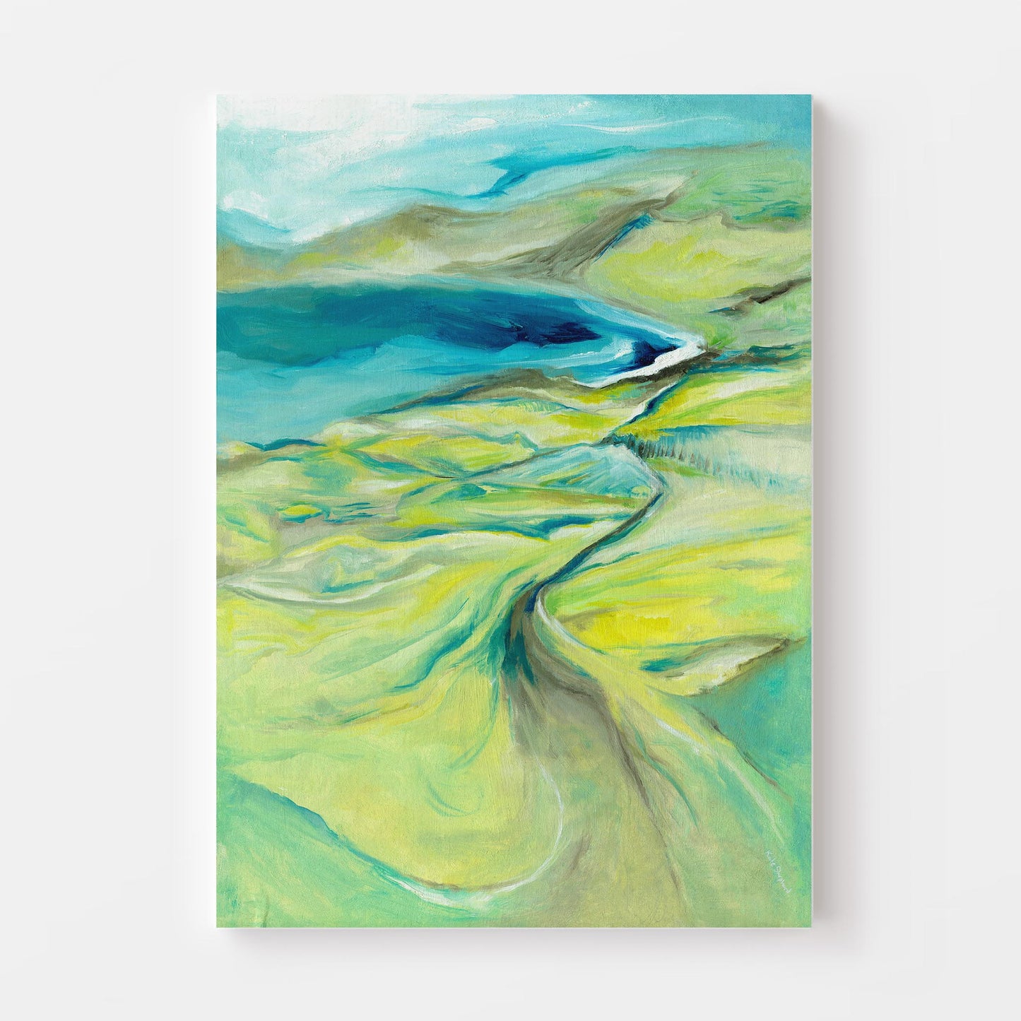 'Along the Worbarrow Path' - Abstract coastal landscape with turquoise sea and vibrant green pathways - by Dorset Artist Kate Shephard
