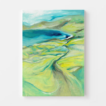 'Along the Worbarrow Path' - Abstract coastal landscape with turquoise sea and vibrant green pathways - by Dorset Artist Kate Shephard