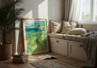 'Along the Worbarrow Path' - Vibrant calm artwork with upward flowing composition and sea views.