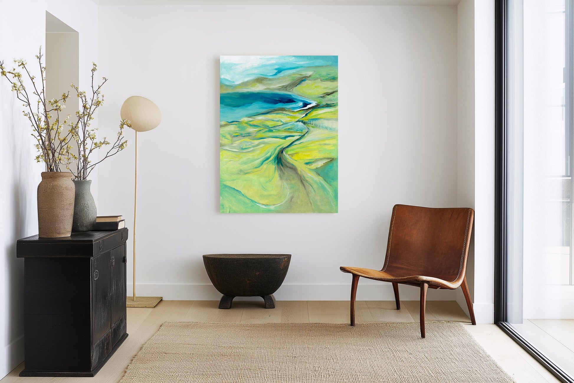 'Along the Worbarrow Path' - Layered painting with rich greens and gorgeous turquoise water.