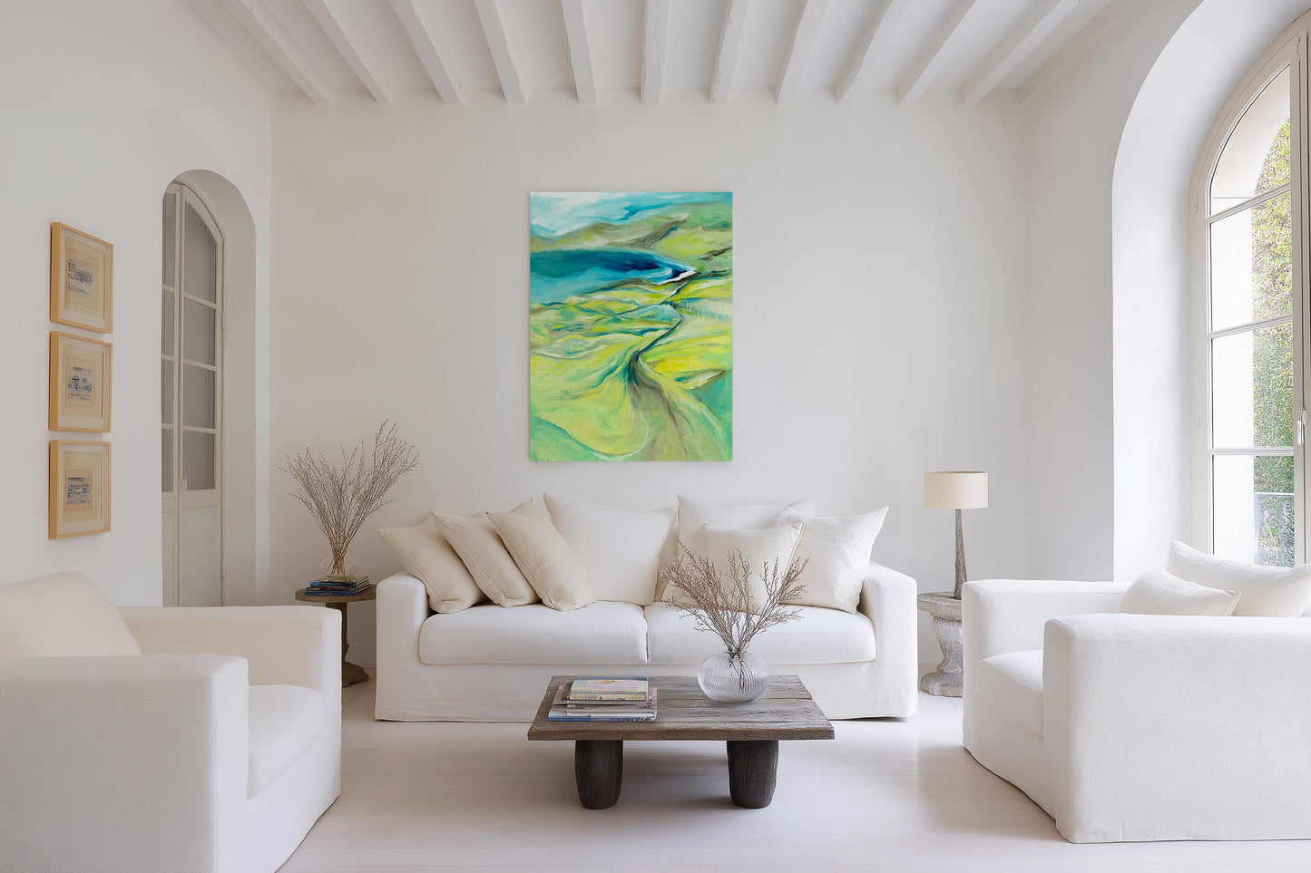 'Along the Worbarrow Path' - Soft yet vibrant abstract with chartreuse and aqua blue tones.