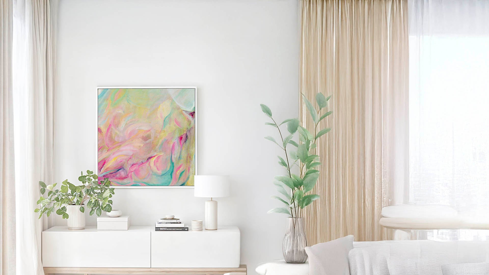 Kate Shephard Banner - showing painting Closer than you think in a living room background with plants. 