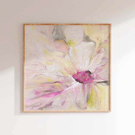 'Becoming' - A soft abstract floral canvas print in blush pink, sage green and warm yellow — gentle, luminous oil painting about quiet transformation and trusting your own unfolding, by Kate Shephard Art.