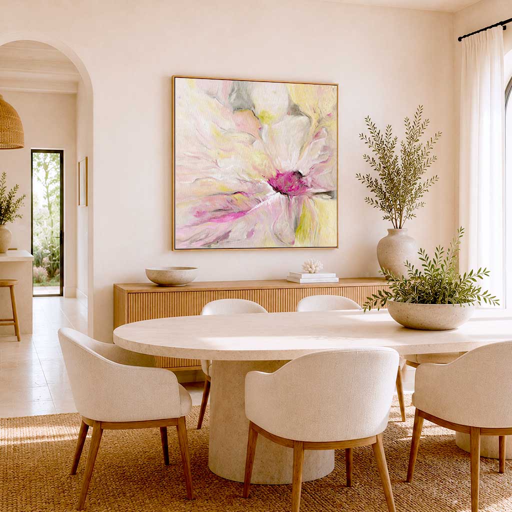 'Becoming' - Vibrant Abstract Floral Wall Art For Living Room Framed / Unframed. Tranquil abstract print for modern, light-filled interiors.