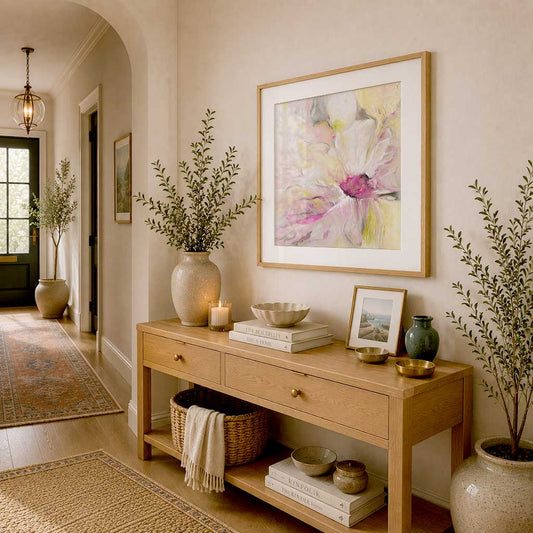 ‘Becoming’ – Gentle abstract wall art with soft pink and grey layers.