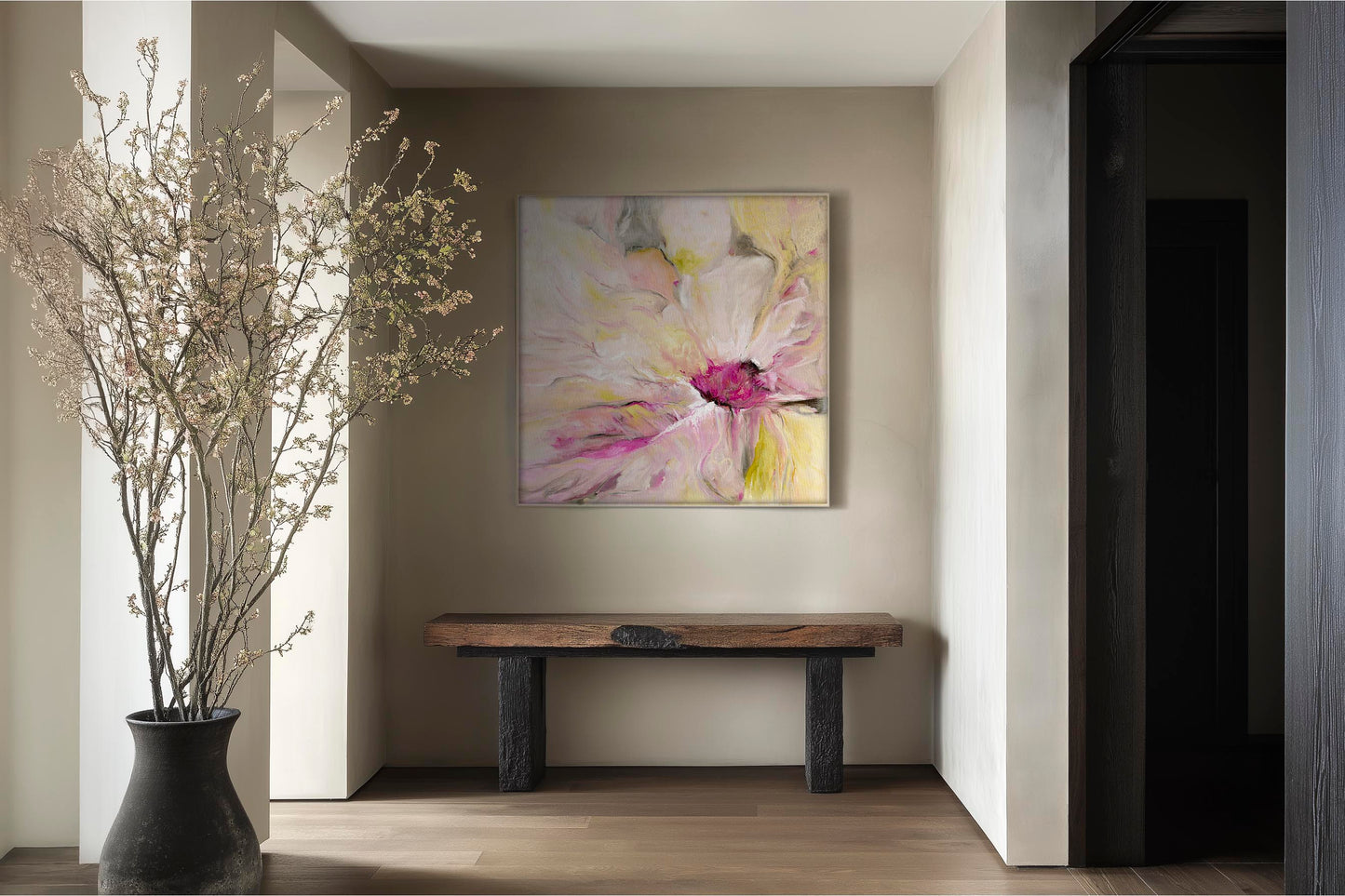 'Becoming' - Vibrant Abstract Floral Wall Art For Living Room Framed / Unframed. Tranquil abstract print for modern, light-filled interiors.