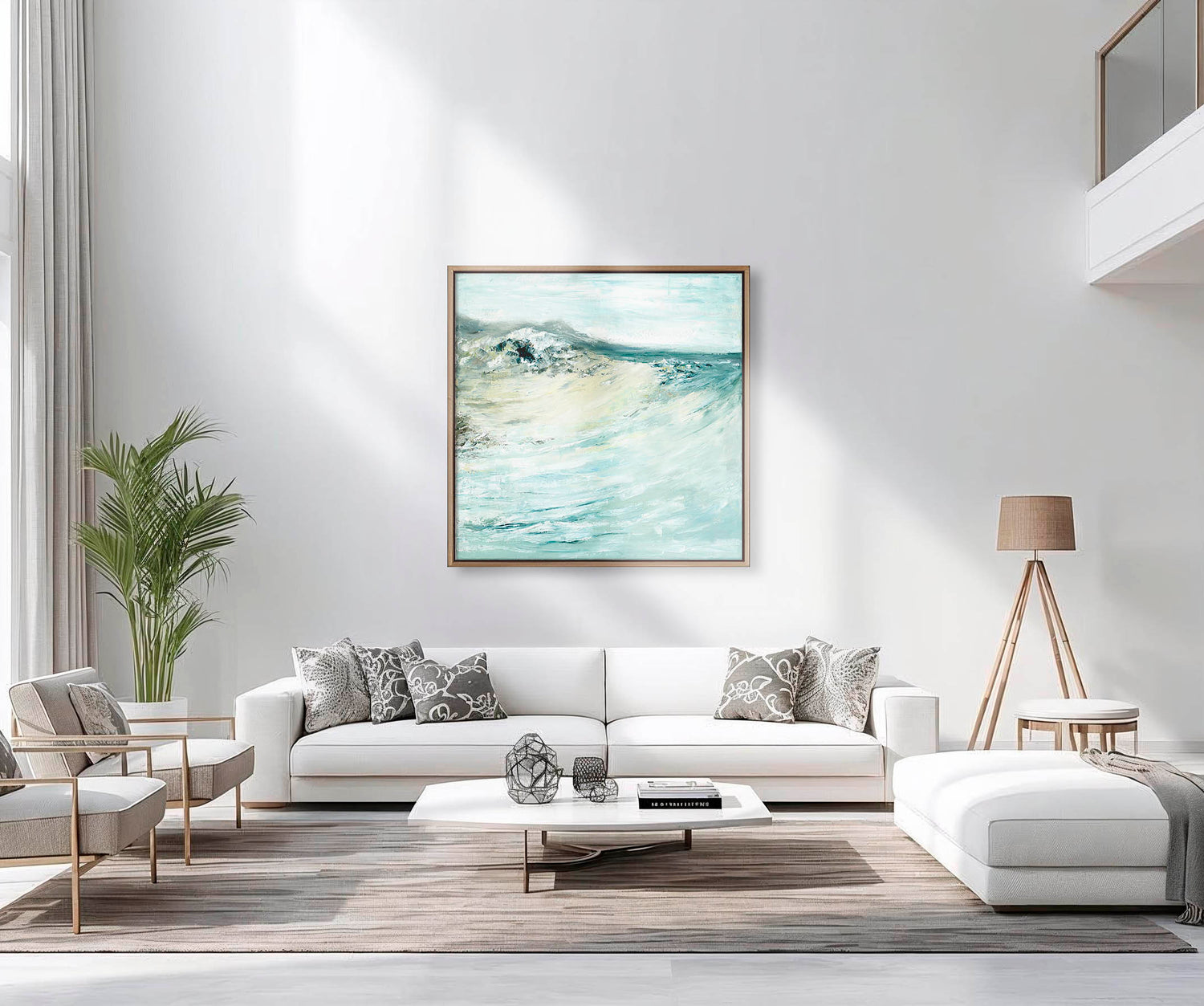 'Beyond The Shore' - Abstract seascape canvas print in soft blues, cream and teal, coastal wave art for the home.