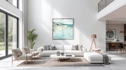 'Beyond The Shore' - Coastal wave art in soft grey, teal and cream, framed abstract seascape canvas print.
