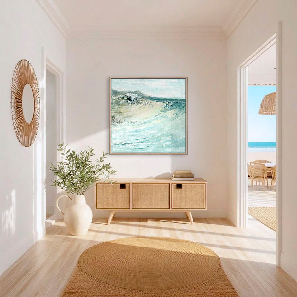'Beyond The Shore' - Abstract seascape canvas print in soft blues, cream and teal, coastal wave art for the home.