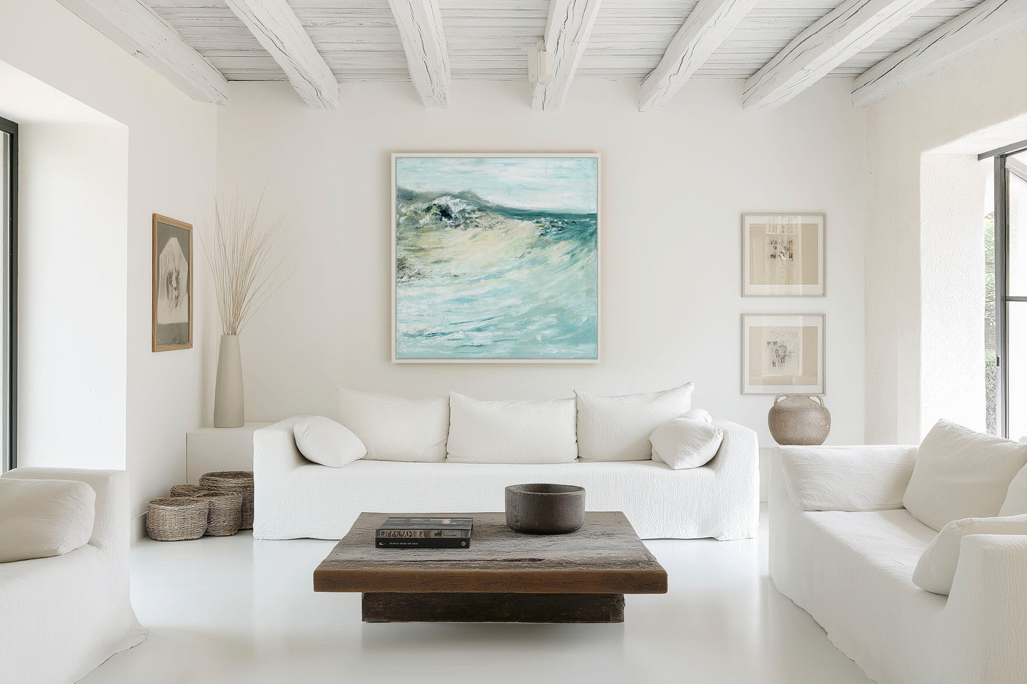 'Beyond The Shore' - Close-up of expressive brushwork in soft teal and white, abstract seascape canvas print.