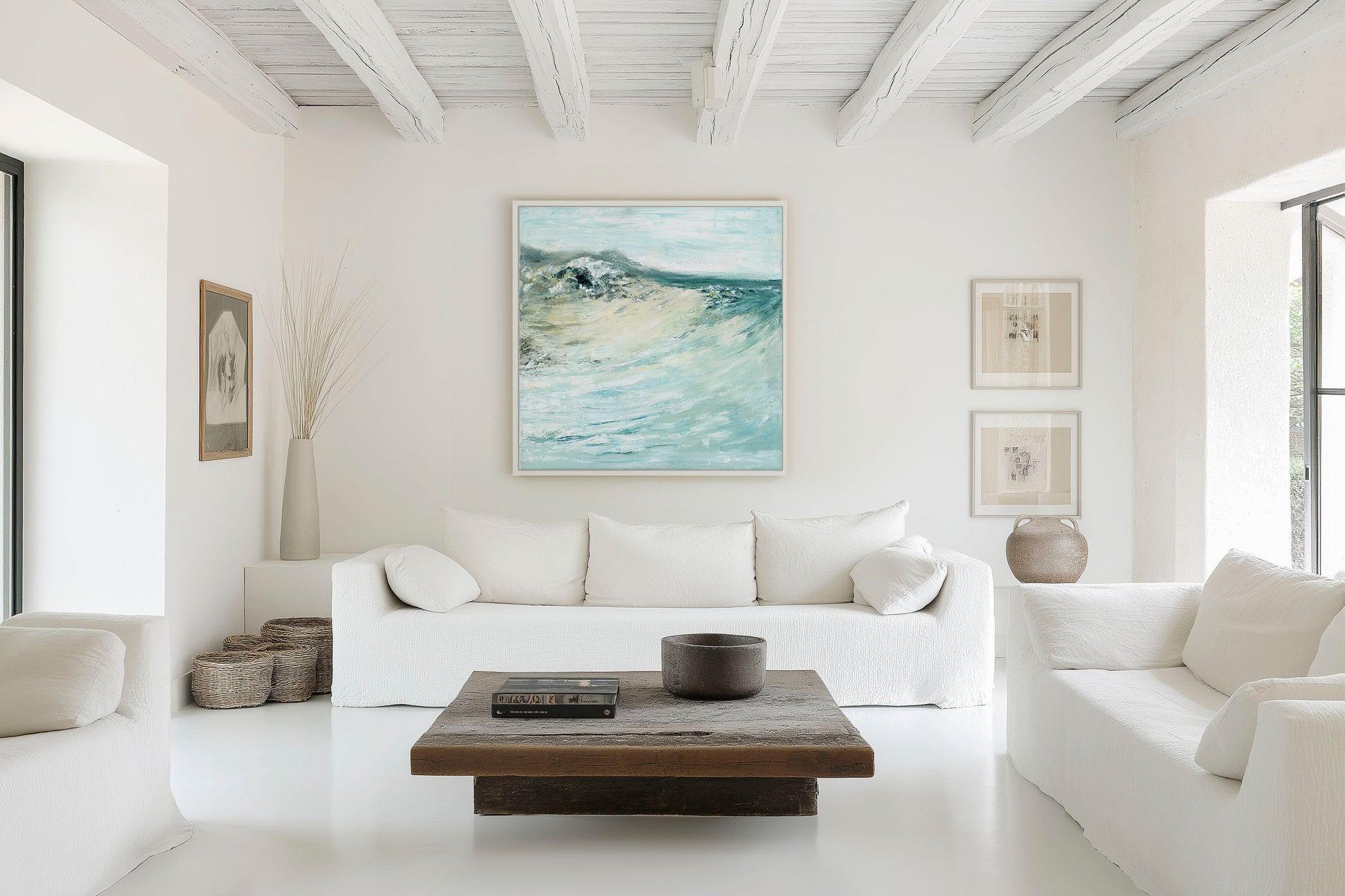 'Beyond The Shore' - Close-up of expressive brushwork in soft teal and white, abstract seascape canvas print.