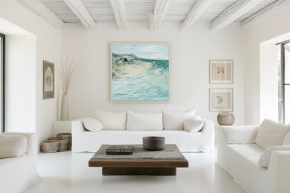 'Beyond The Shore' - Close-up of expressive brushwork in soft teal and white, abstract seascape canvas print.