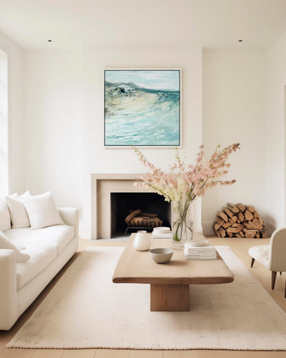 'Beyond The Shore' - Abstract seascape inspired by Hengistbury Head, Dorset, soft coastal tones on canvas.