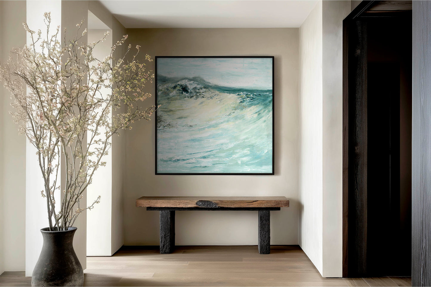 'Beyond The Shore' - Seascape canvas print with breaking wave in teal, grey and cream, abstract coastal art.