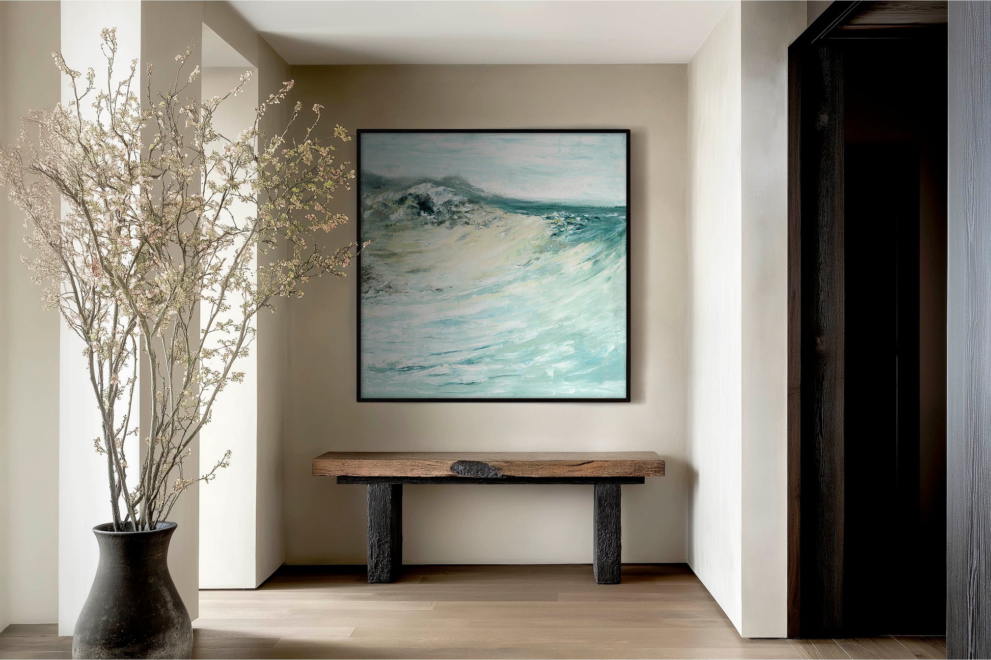 'Beyond The Shore' - Seascape canvas print with breaking wave in teal, grey and cream, abstract coastal art.