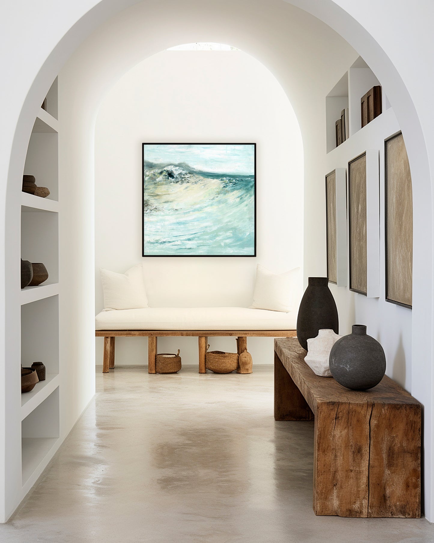 'Beyond The Shore' - Abstract seascape canvas print hung in a living room, soft blue and coastal tones.