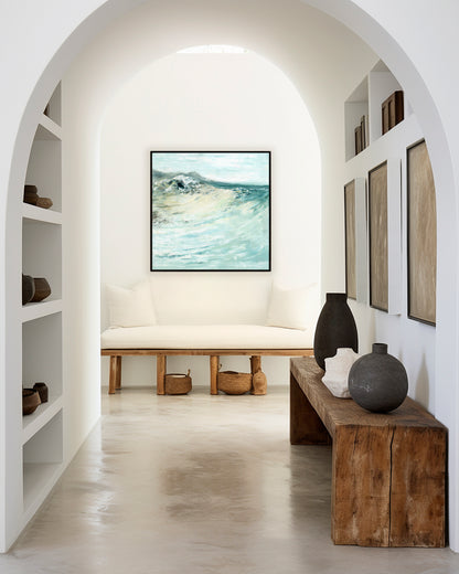 'Beyond The Shore' - Abstract seascape canvas print hung in a living room, soft blue and coastal tones.