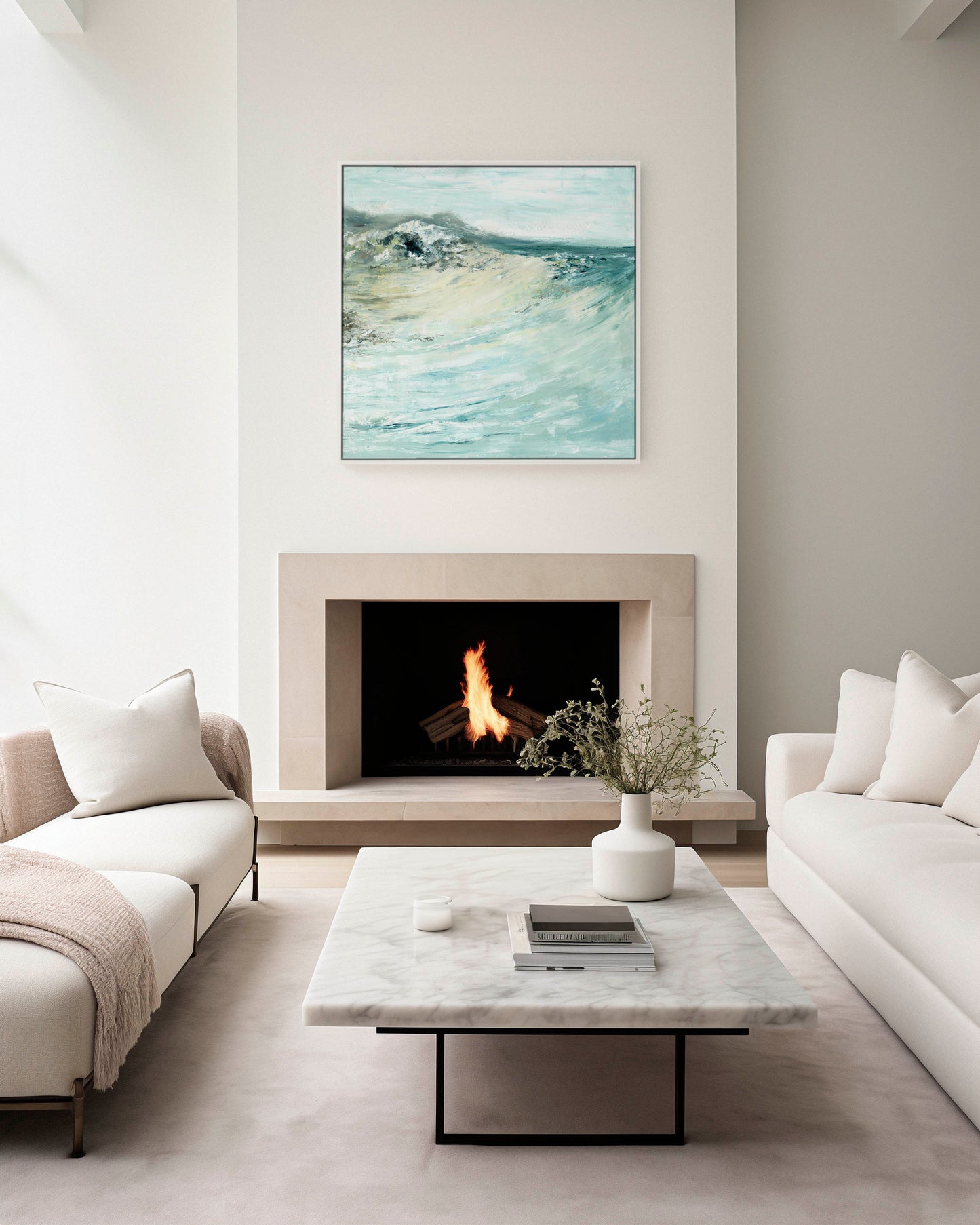 'Beyond The Shore' - Square format abstract seascape print in pale blues and sandy cream, coastal home decor.