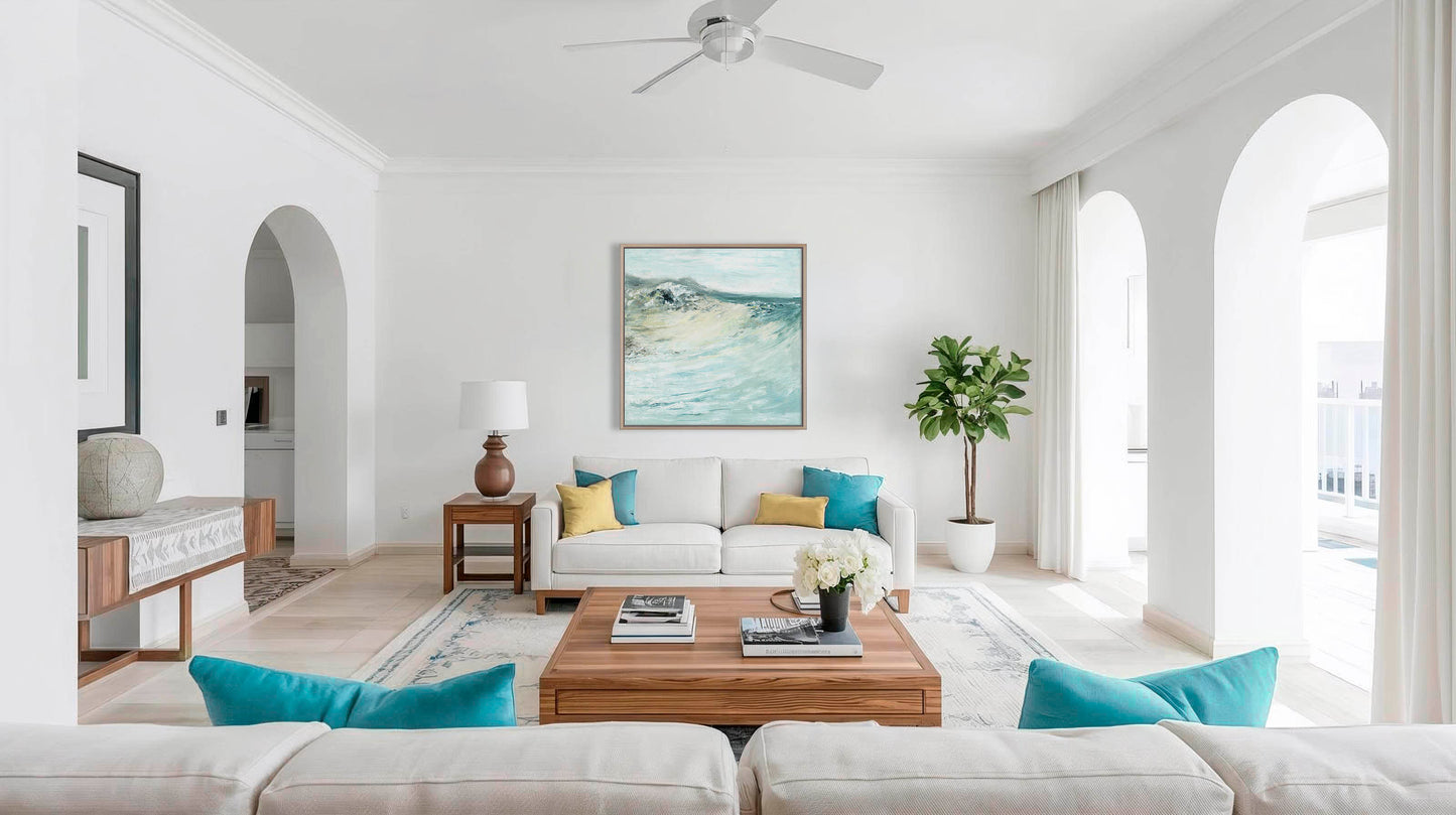 'Beyond The Shore' - Seascape print featuring expressive wave in soft teal and white on canvas.