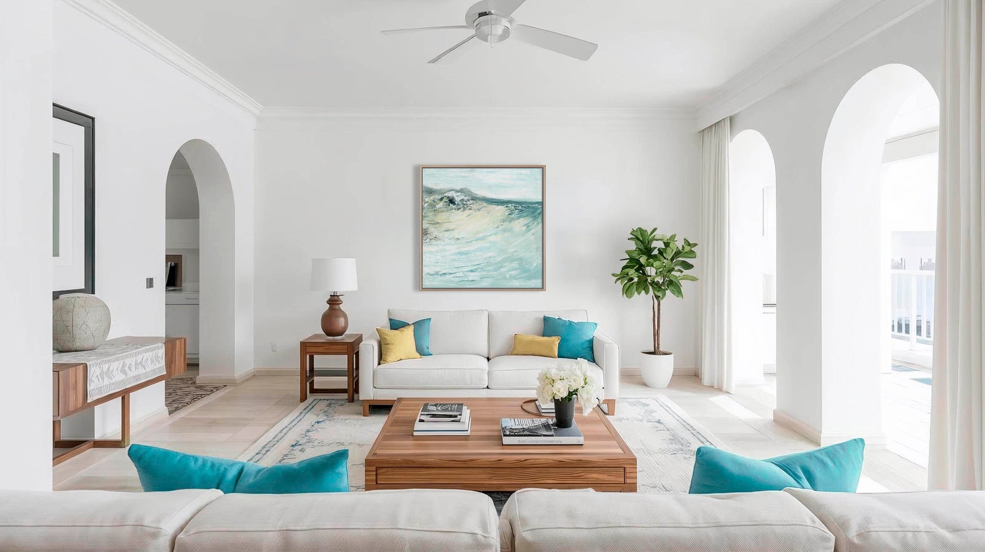 'Beyond The Shore' - Seascape print featuring expressive wave in soft teal and white on canvas.