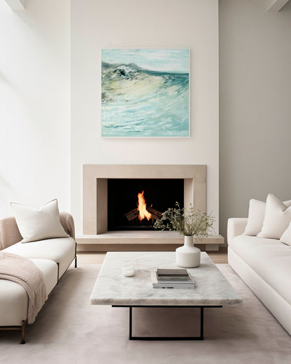 'Beyond The Shore' - Beach Wall Art - dorset Abstract seascape art print - Abstract seascape art in muted teal, cream and grey, fine art paper print for the home.