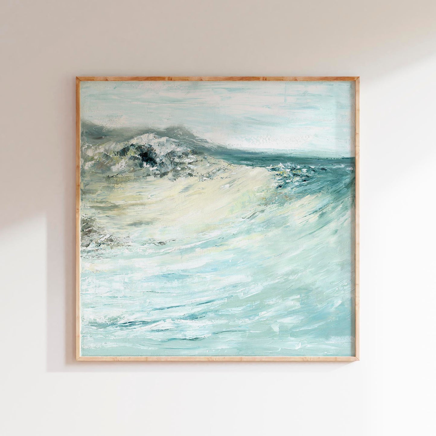 'Beyond the Shore' - An expressive abstract coastal seascape canvas print in pale blue, creamy sandy tones and deeper teal — oil painting capturing the wild, exhilarating freedom of the Dorset coast, by Kate Shephard Art.