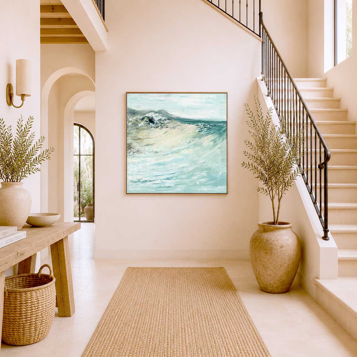 'Beyond The Shore' - Framed abstract seascape canvas print, pale blue and sandy tones, ready to hang wall art.