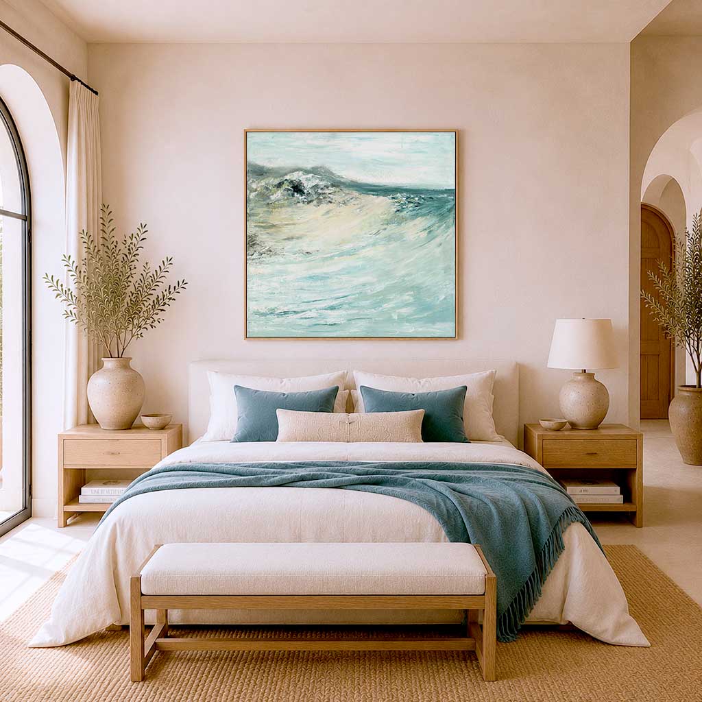 'Beyond The Shore' - Seascape canvas print with breaking wave in teal, grey and cream, abstract coastal art.