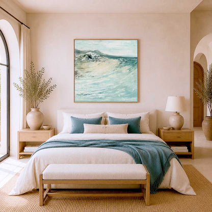 'Beyond The Shore' - Seascape canvas print with breaking wave in teal, grey and cream, abstract coastal art.