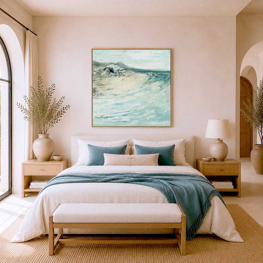 'Beyond The Shore' - Seascape canvas print with breaking wave in teal, grey and cream, abstract coastal art.