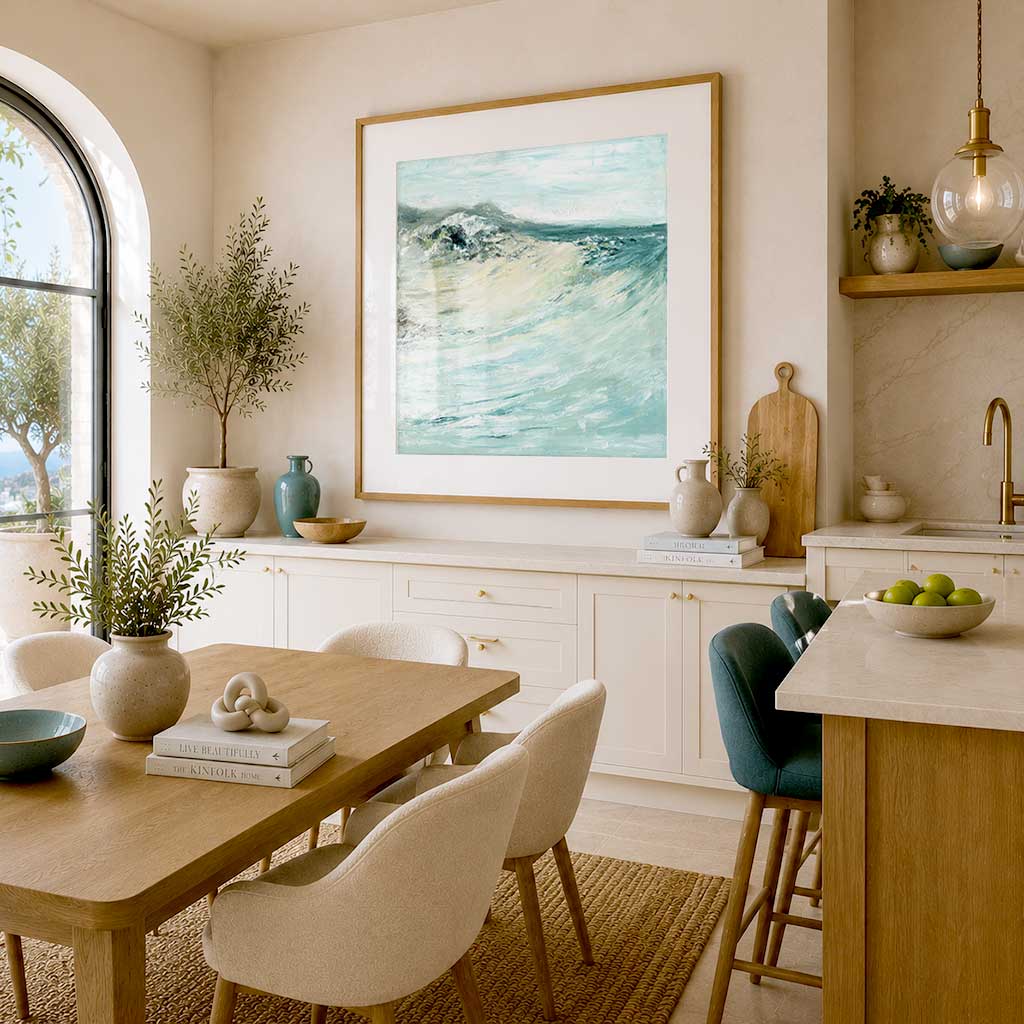 'Beyond The Shore' - Beach Wall Art - dorset Abstract seascape art print - Abstract seascape art in muted teal, cream and grey, fine art paper print for the home.